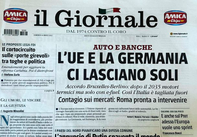 il Giornale: auto e banche l'UE e la Germania ci lasciano soli